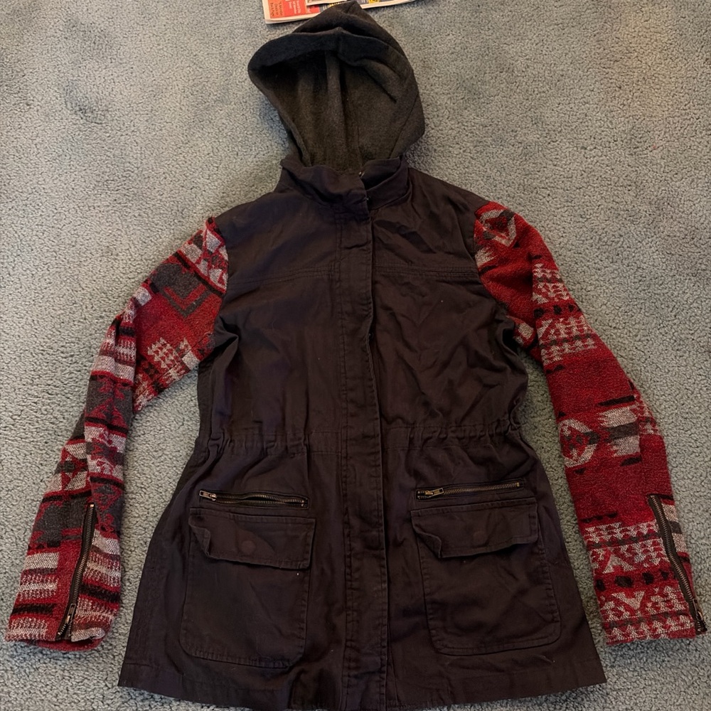 American Vintage Black Jacket with Red Patterned Sleeves